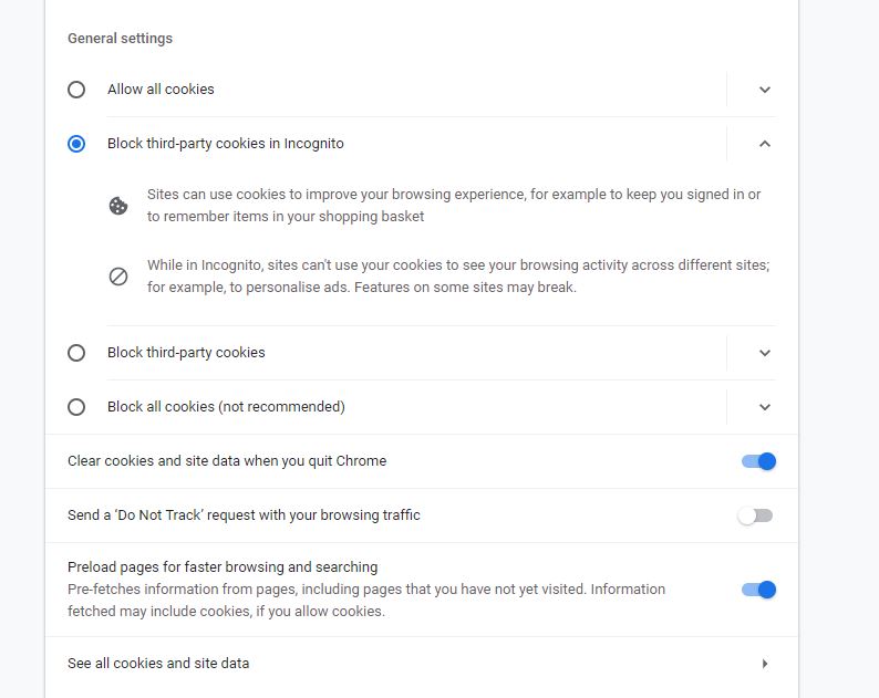 Google's cookies setting