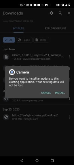 Gcam (Google camera) install screen