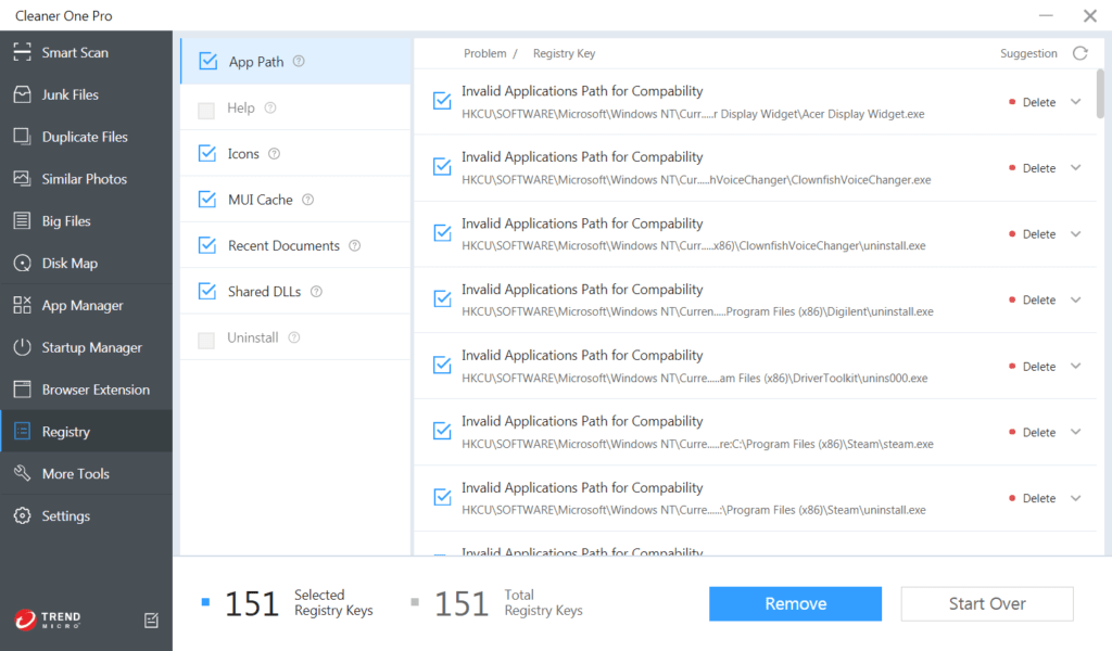 Cleaner One Pro: Registry