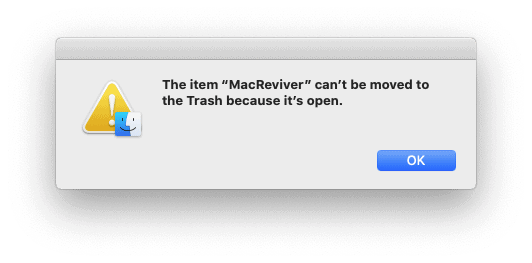 Mac pop-up stating that an app can’t be removed because it’s open