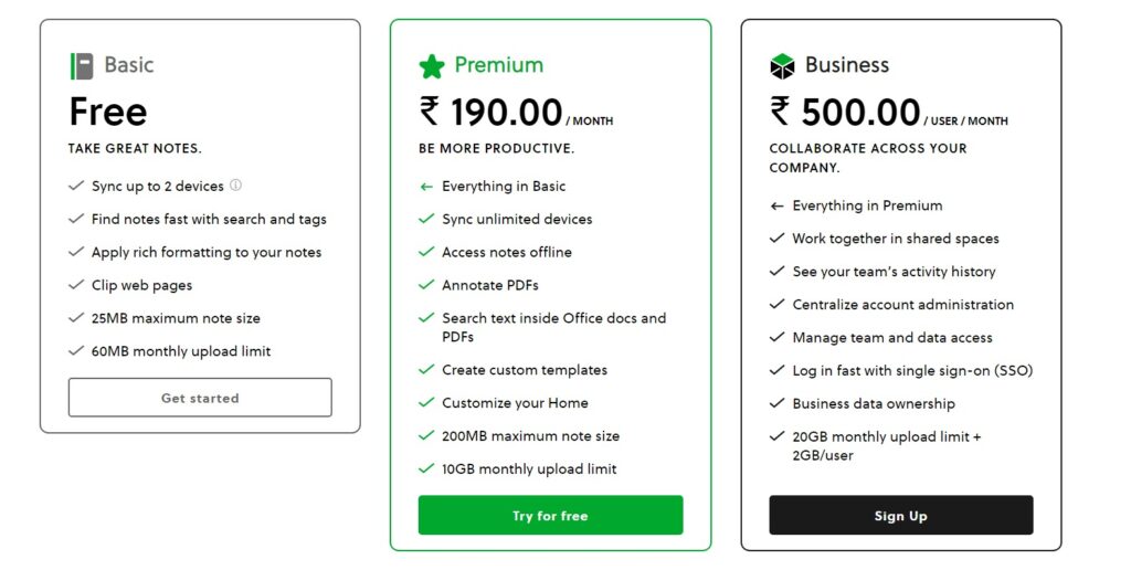 Evernote vs Notion: Evernote Pricing