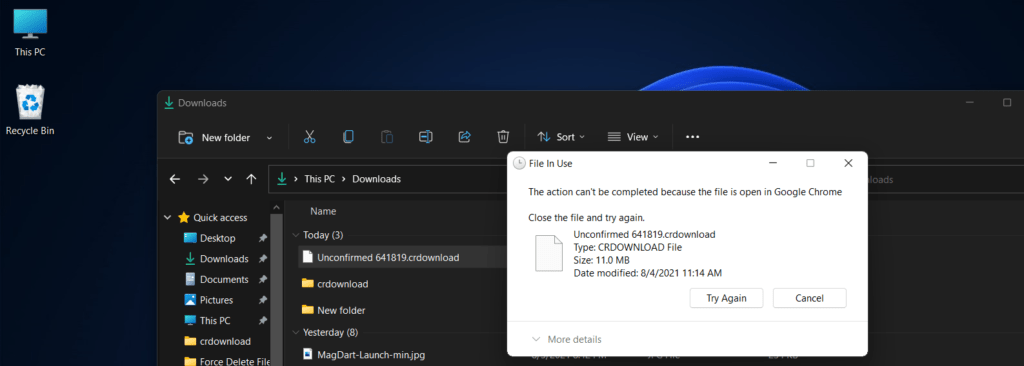 Can't delete "crdownload" file "File is in Use"