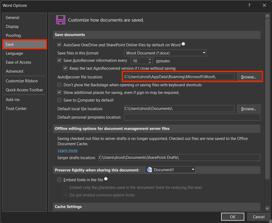 Options Dialog Box to copy File Path to Recover Unsaved Word Document