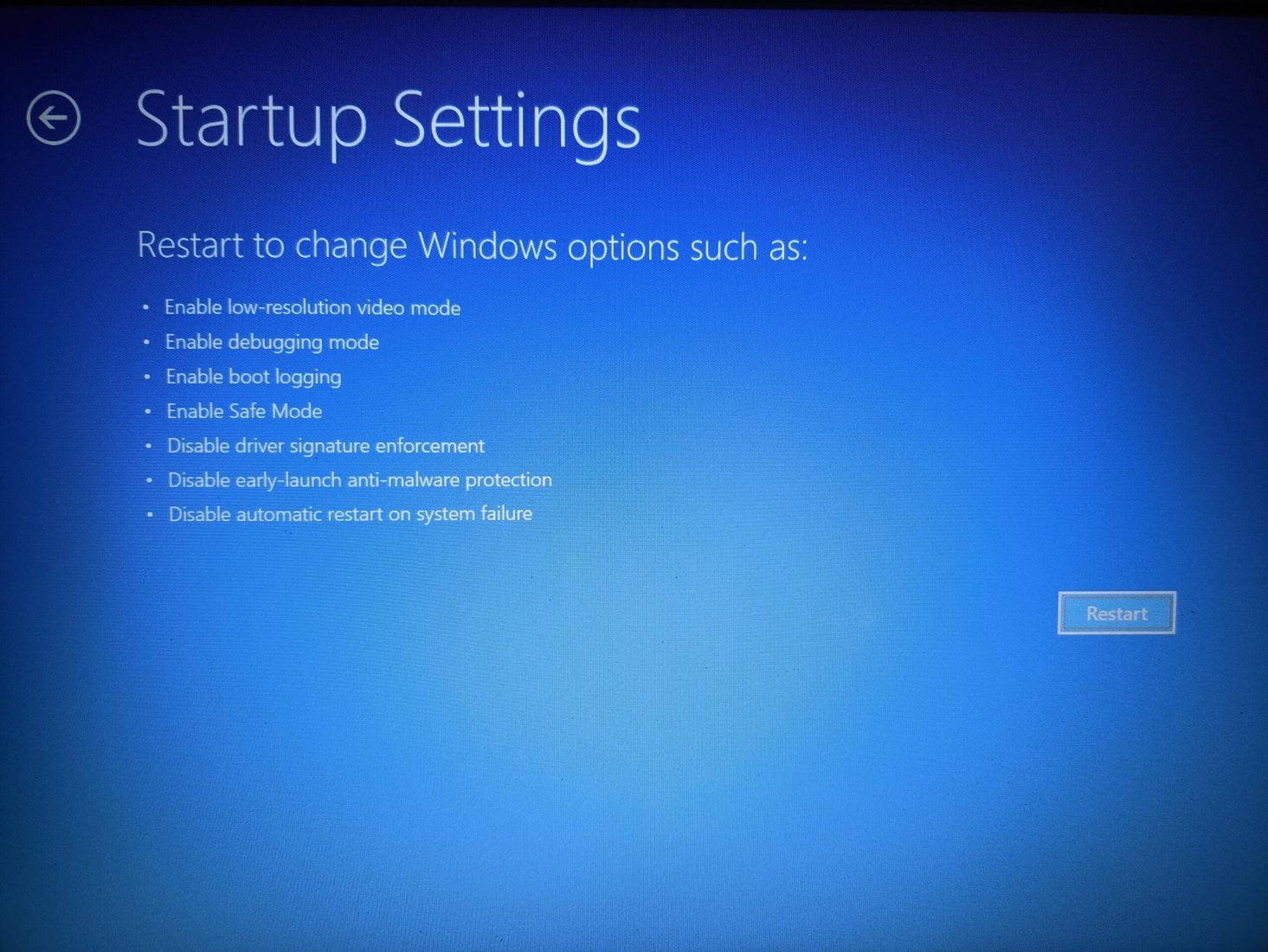 Select Restart in Startup Settings