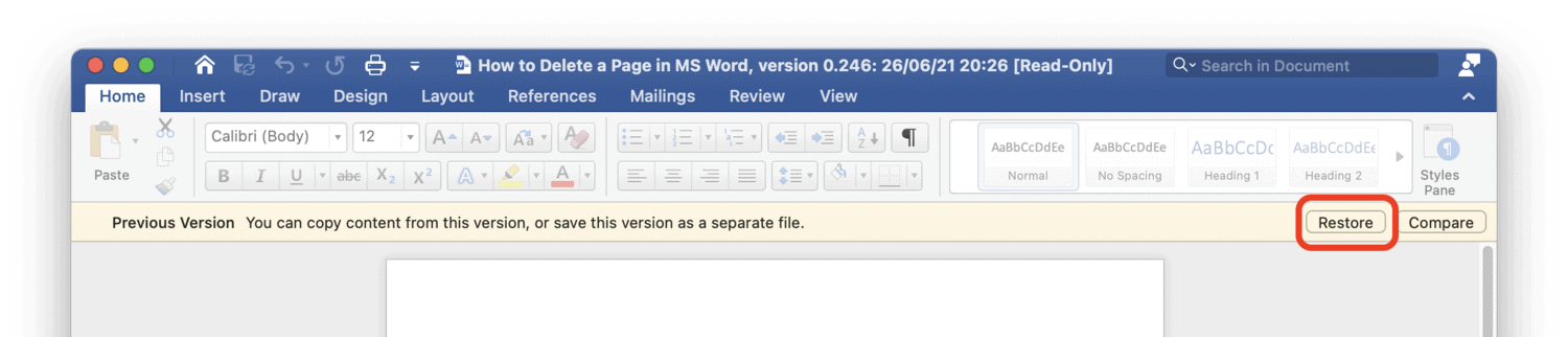 Restore Version of Document in MS Word