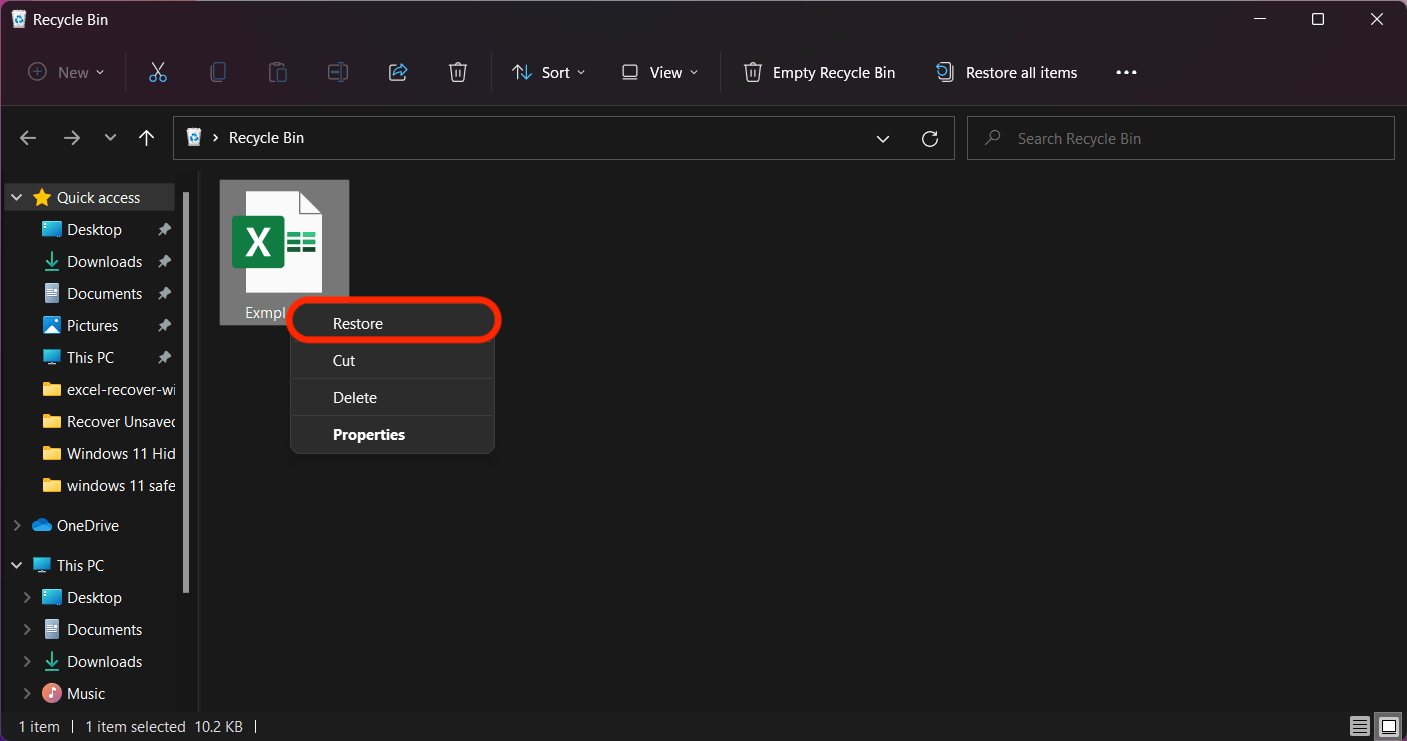 Restore/Recover Unsaved Excel File from Recycle Bin