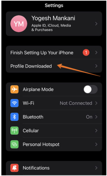 Click on Profile Downloaded Option in Settings