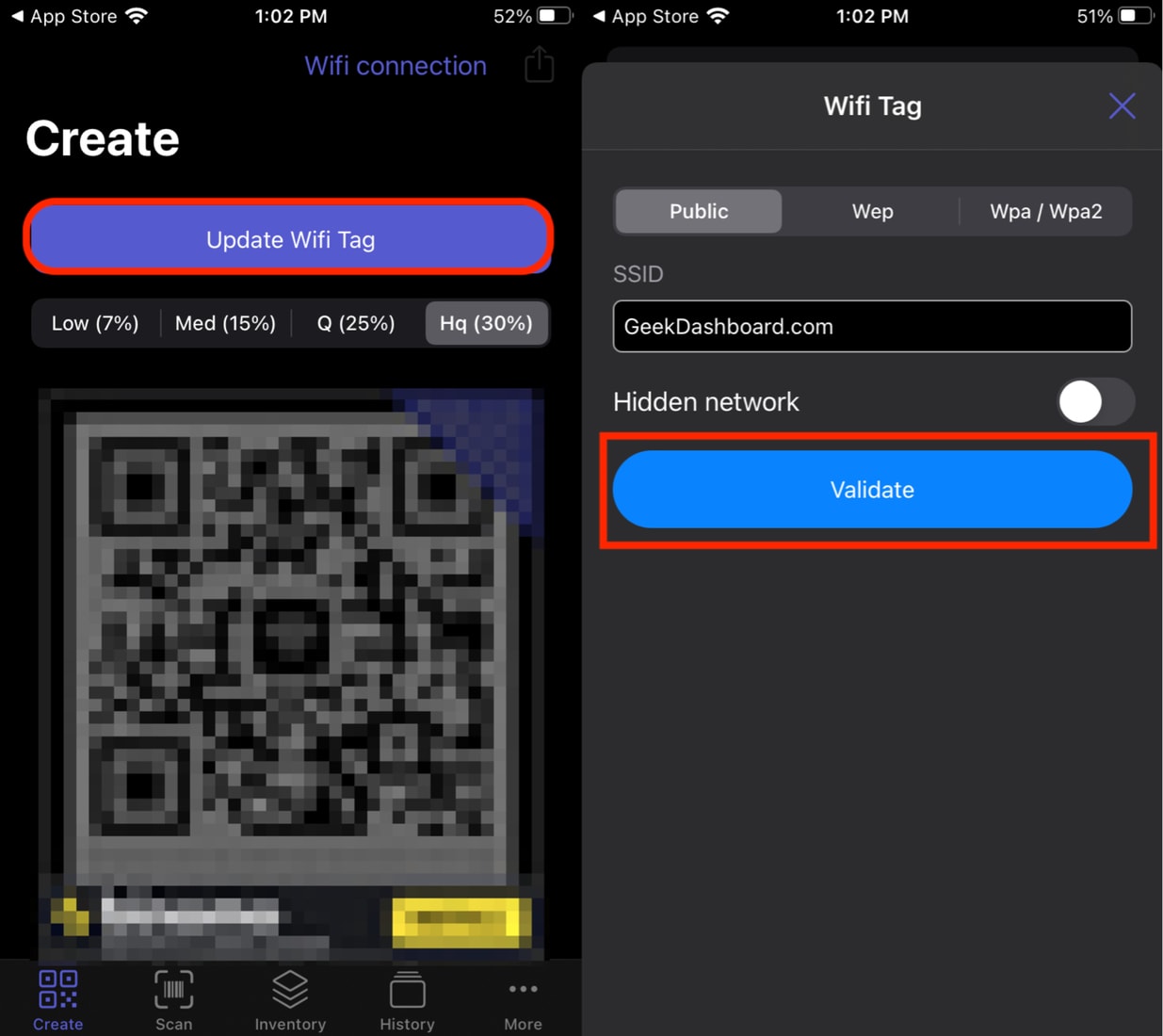 Update WiFi Tag, Enter SSID, and tap Validate