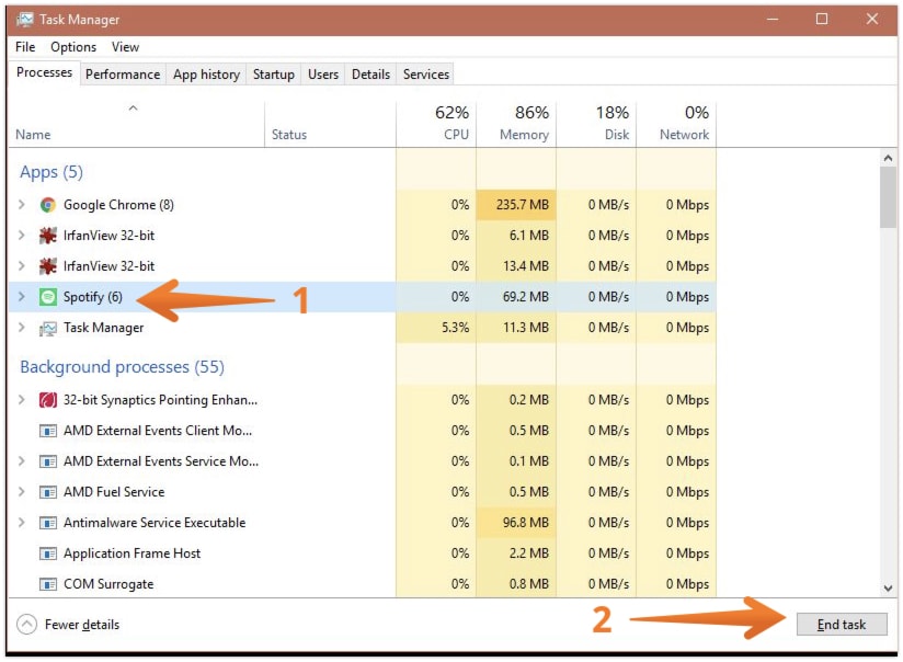 Select Spotify and Click on End Task to Kill Spotify