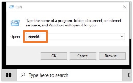 Type regedit in Run box