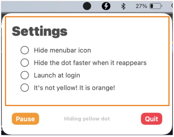 YellowDot Menu Bar Options