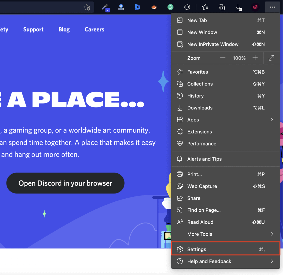 Settings in Menu (Microsoft Edge)