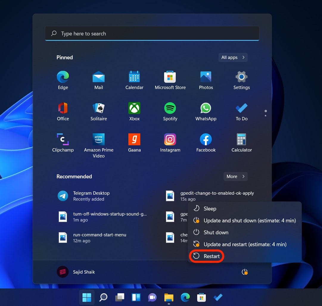 Restart PC from Start Menu