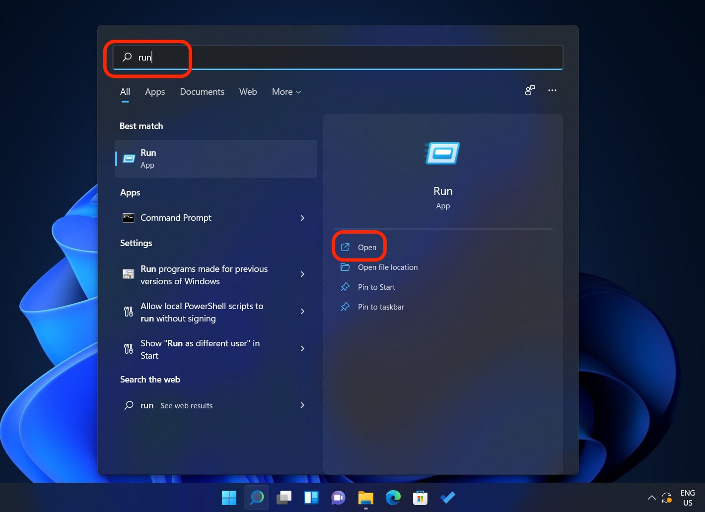 Search Run in Start Menu and Open It