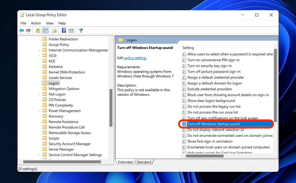 Turn off Windows Startup Sound in GPedit