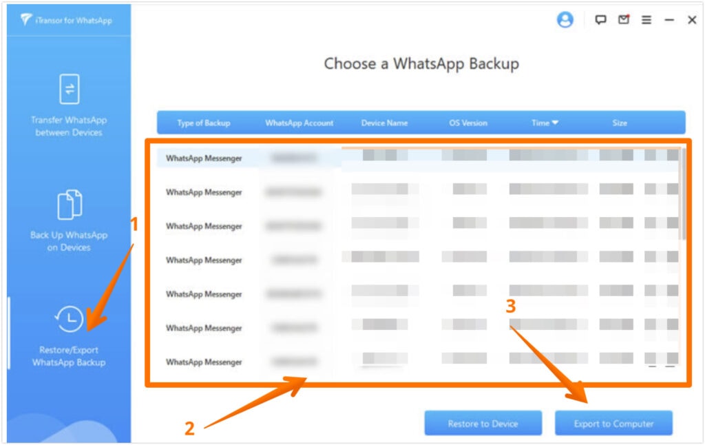 Choose a WhatsApp Backup and Click on Export to Computer