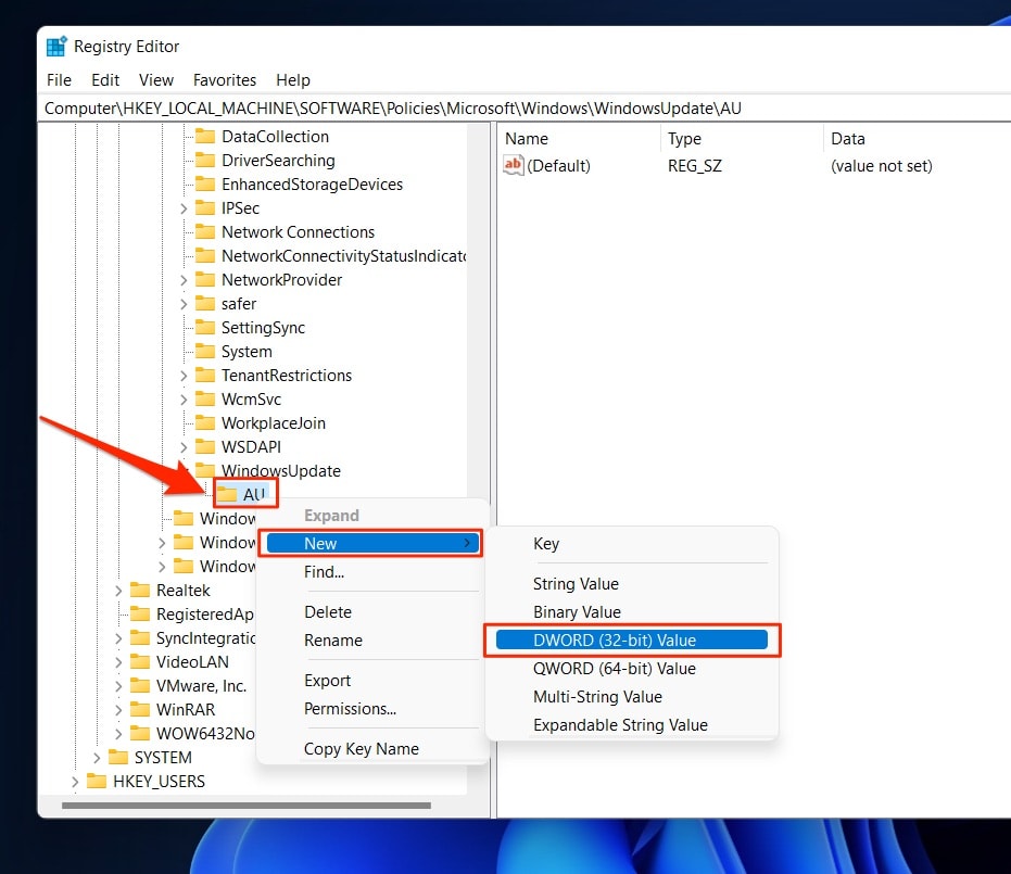 Create a new Dword (32-bit) named NoAutoUpdate inside the AU key in Registry Editor