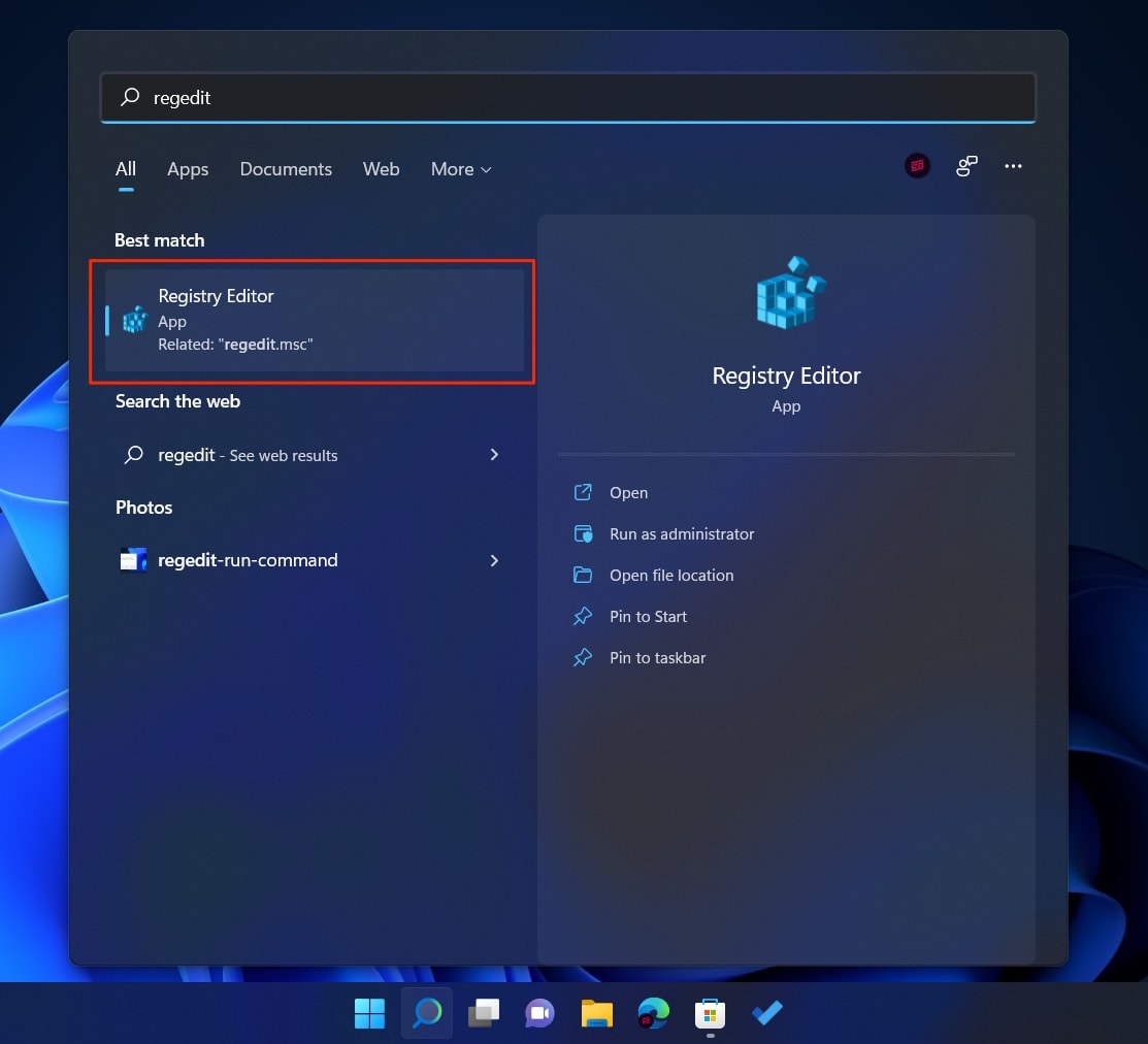 Open Registry Editor from Start Menu (Windows 11)