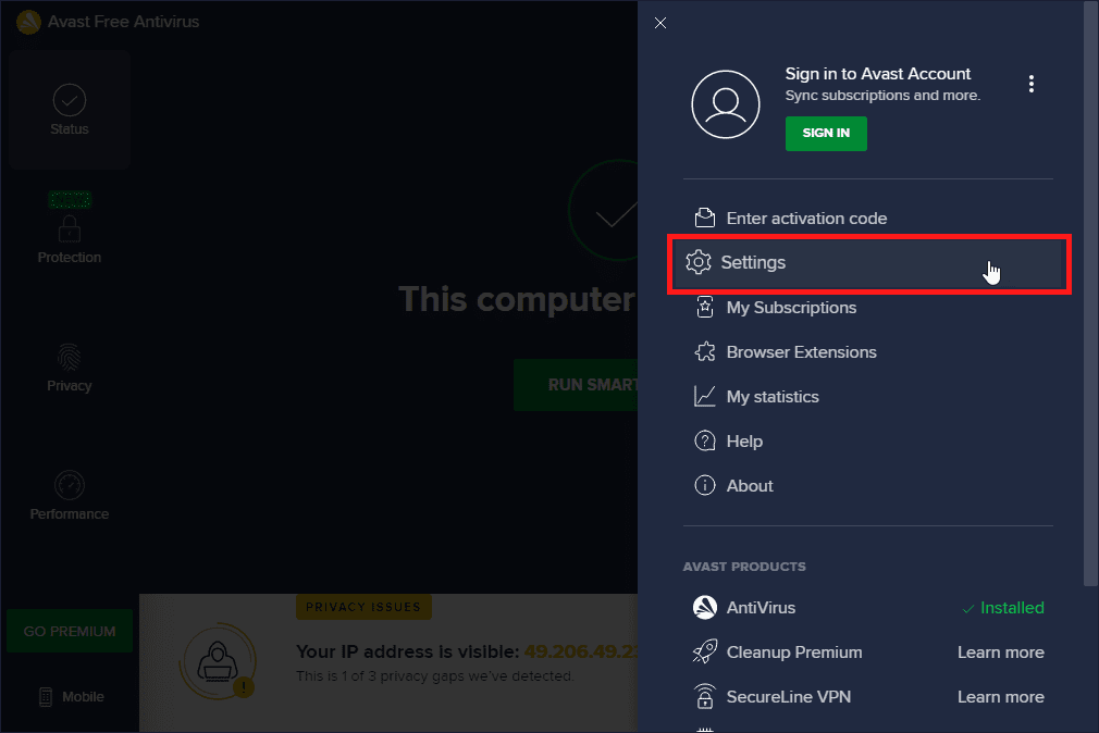 Go to Menu and Select Settings in Avast/AVG Antivirus