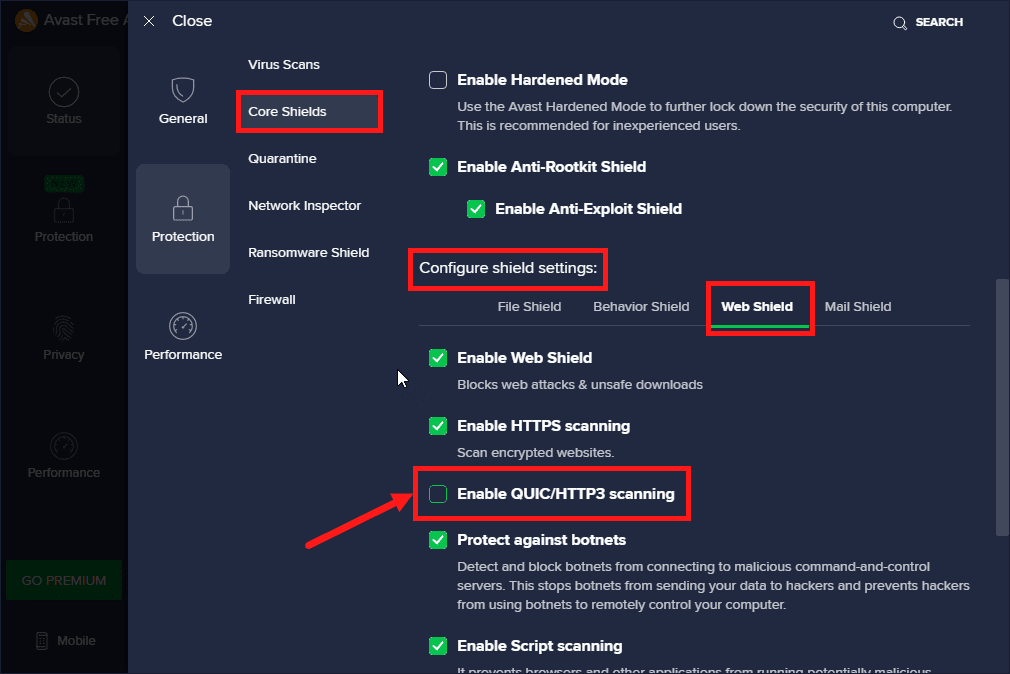 Disable QUIC/HTTP3 Scanning from Avast Antivirus