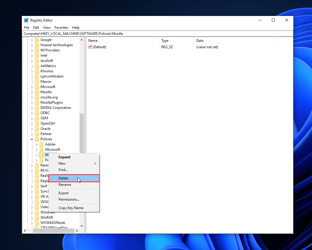 Delete Mozilla Parent Key in Registry Editor