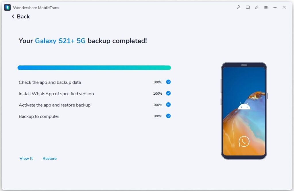 MobileTrans app data backup completed