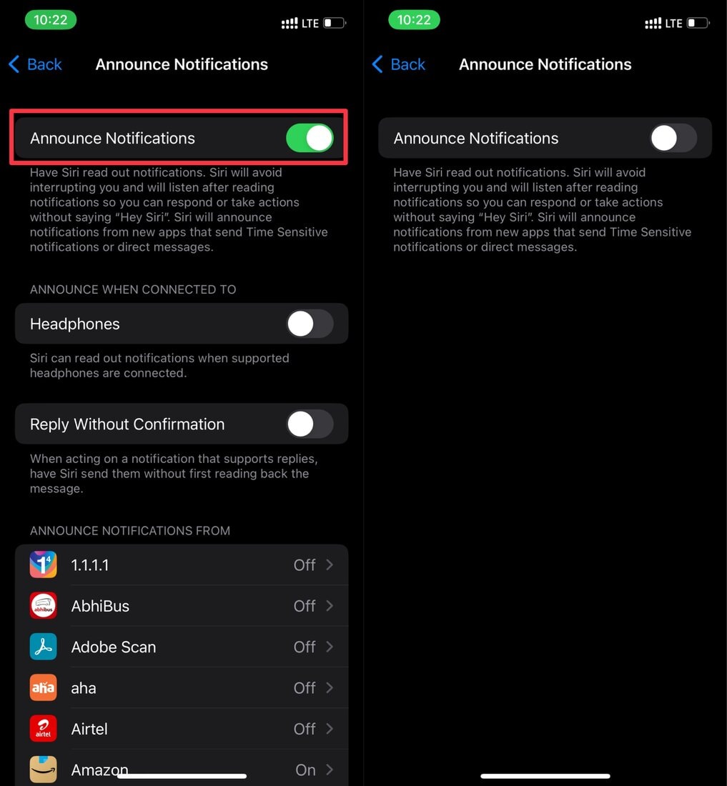 Disable Announce Notifications from Notifications Settings in iOS