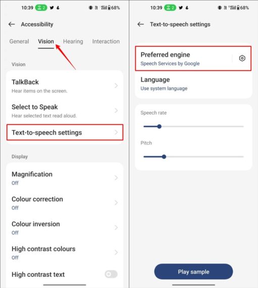 image showing Android Vision Settings