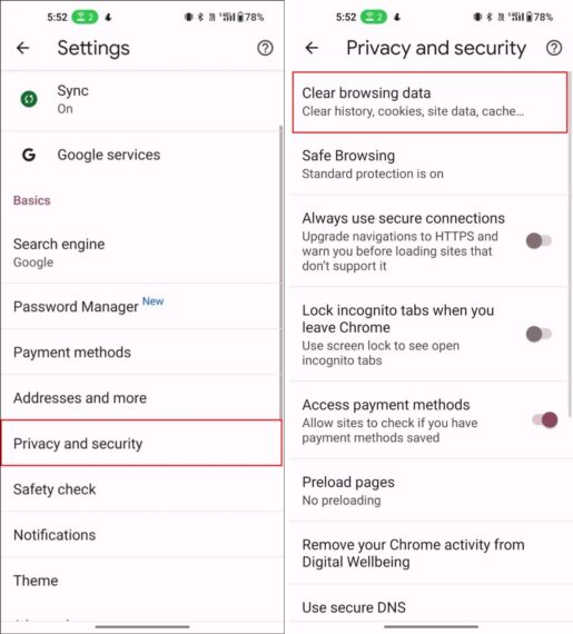 Google Chrome privacy settings