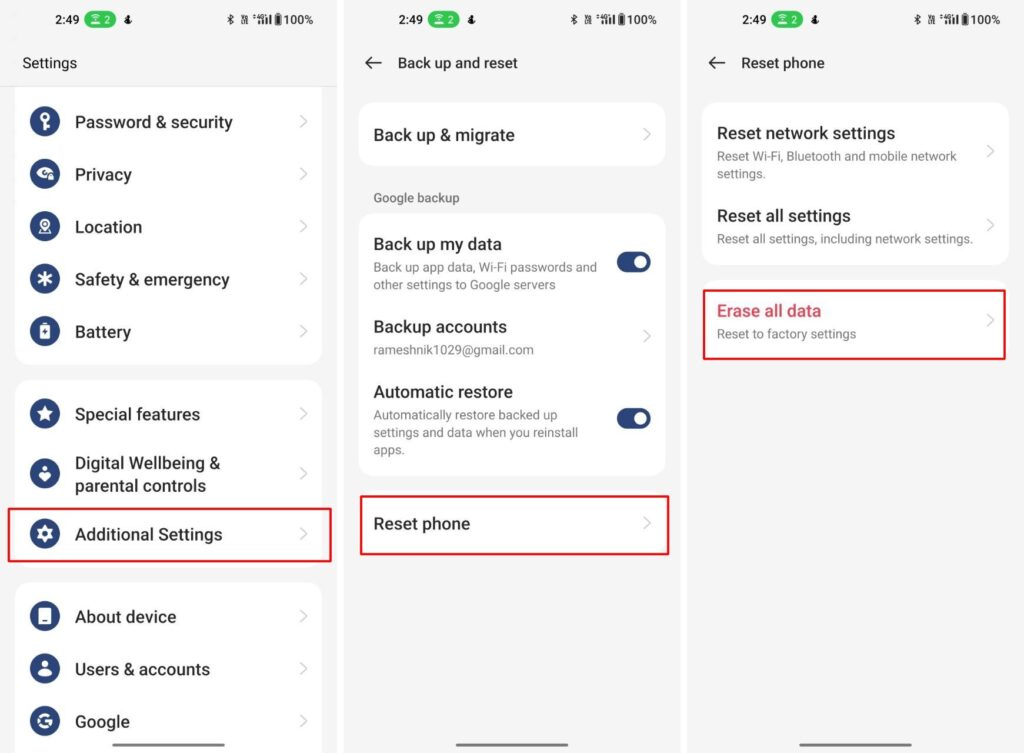 Factory Reset settings on Android