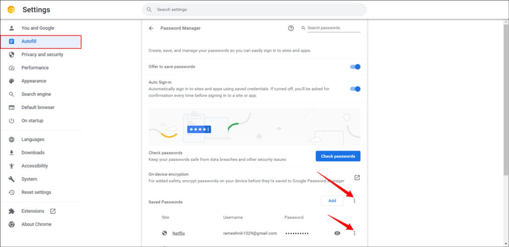 Password manager settings on Google Chrome desktop