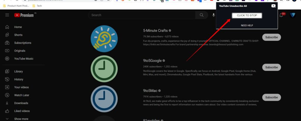 YouTube Channel Chrome Extension Unsubscribe