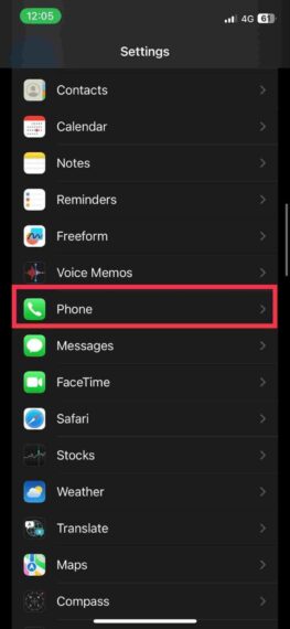 Phone app in Settings