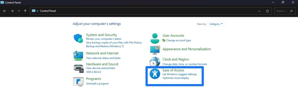 Ease of Access on Control Panel