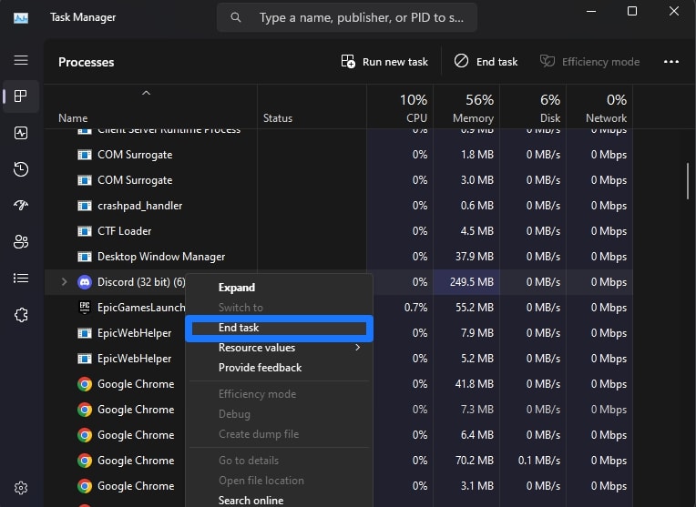 End Task to solve messages failed to load Error on Discord 