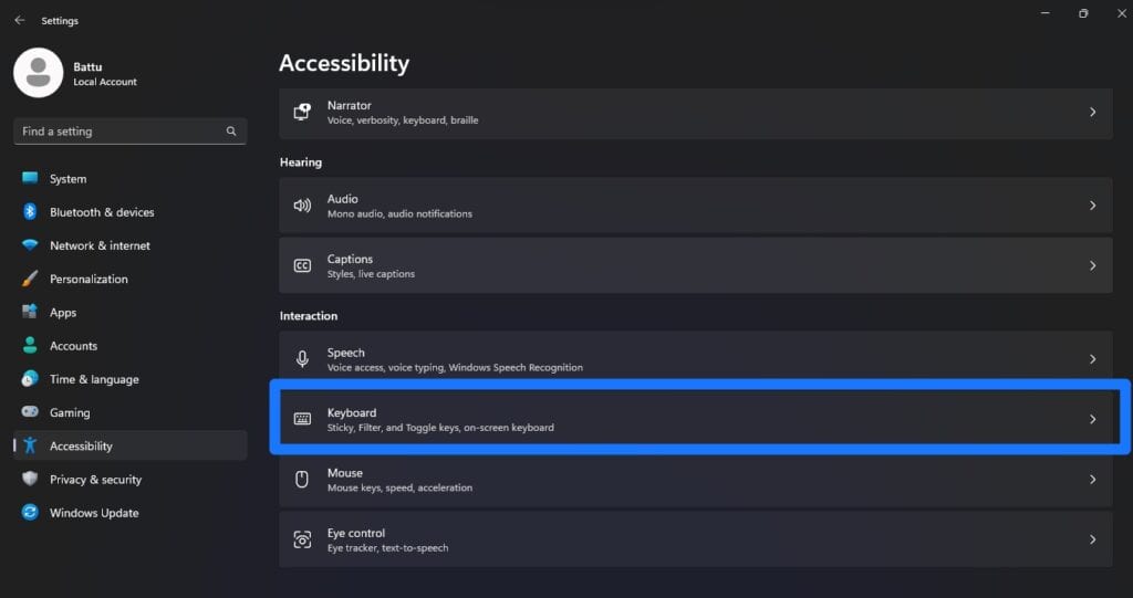 Keyboard Settings Under Interaction Sub Menu