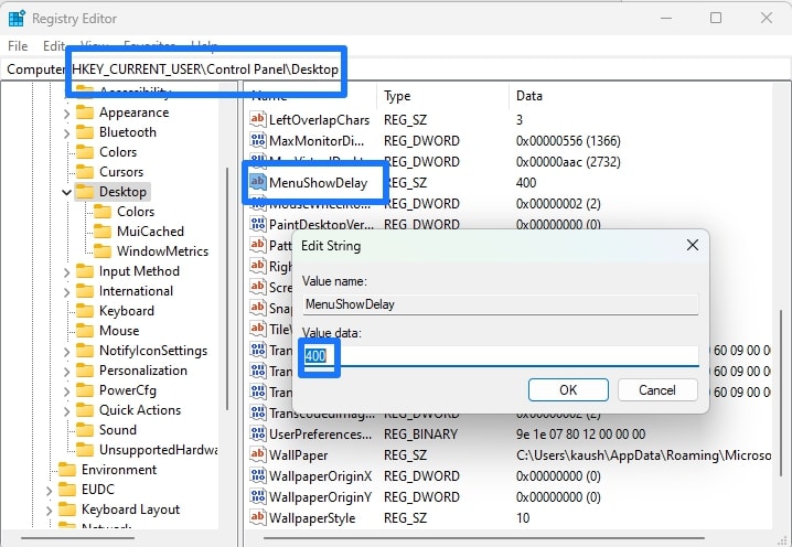 Editing ShowMenuDelay value to Speed up Animations on Windows 11