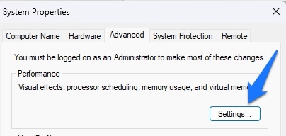 System Properties Advanced Performance menu