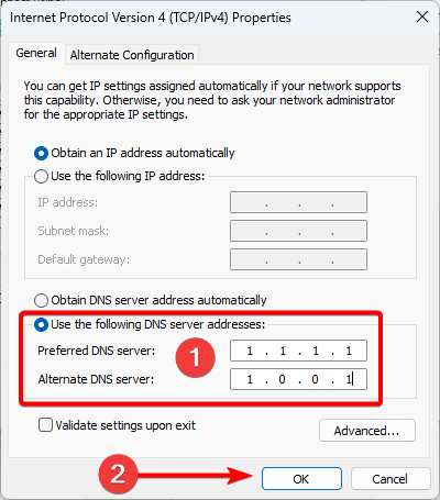 Set Preferred and Alternate DNS server