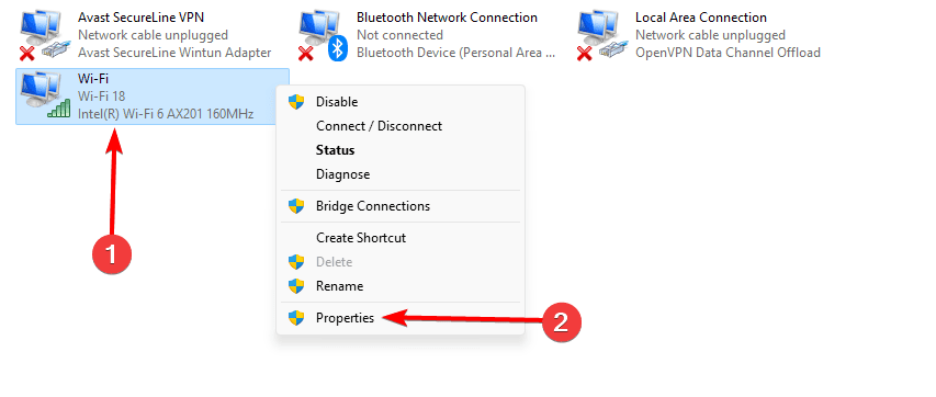 Right click on Wi-Fi and select Properties