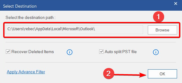 Stellar Repair for Outlook - Select Destination