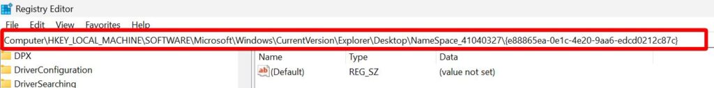 Registry Editor with a NameSpace_41040327\{e88865ea-0e1c-4e20-9aa6-edcd0212c87c} path on address bar