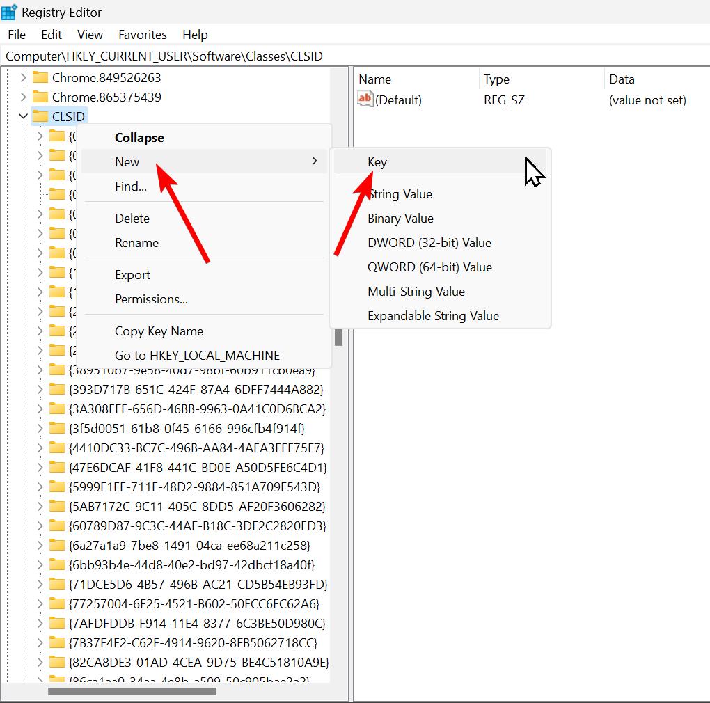Right click on CLSID and creating New Key in Registry
