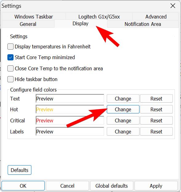 Display Tab with color change options for hot and critical temperature readings in Core Temp application