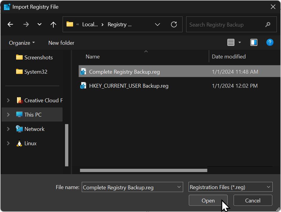 Import Registry File window for choosing .Reg backup file and Open option