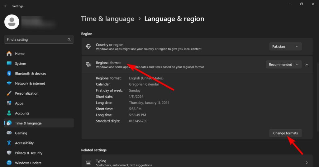 Regional Format settings with Change Format option
