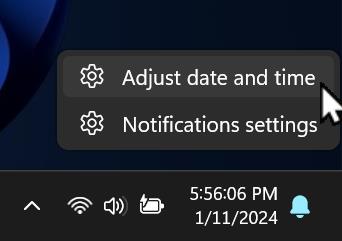 Right click context menu of Taskbar clock Windows 11