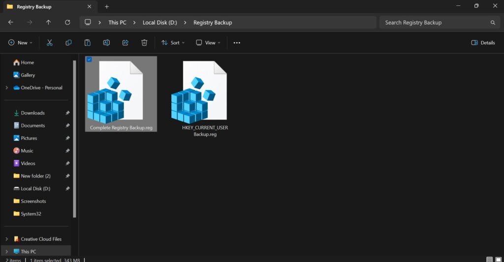 Two Registry Backup Files, i.e. Complete Registry Backup and HKEY_CURRENT_USER Backup