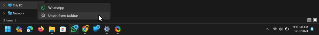 Unpin from Taskbar option in the Taskbar Pinned App