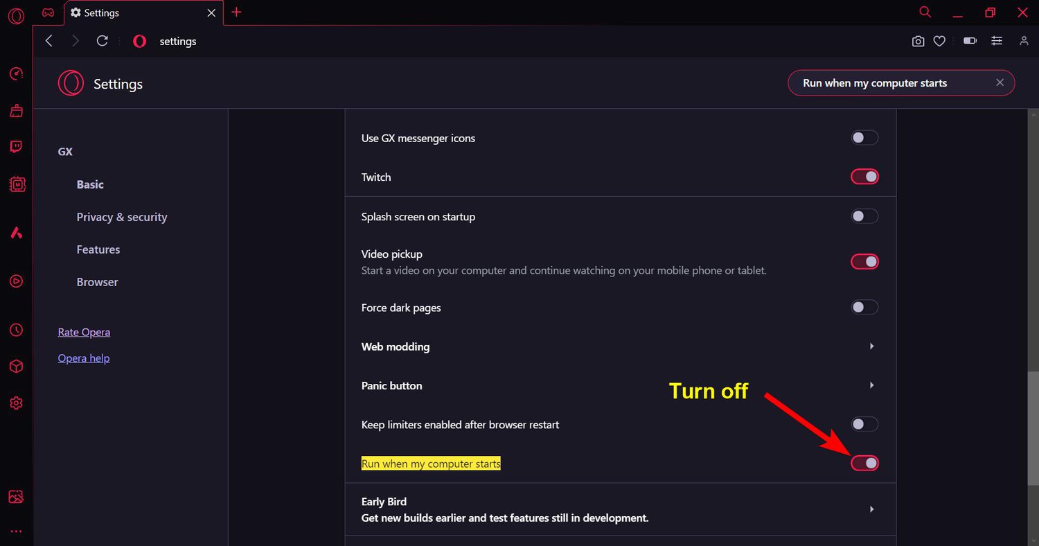 Opera GX Settings with "Run when my computer starts" option and text that says "Turn Off"